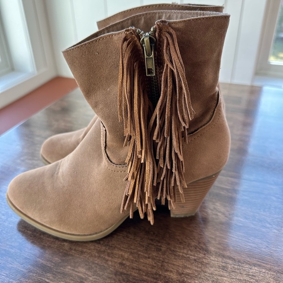 Light Beige Suede Ankle Boots with Fringe Detail - Picture 7 of 12